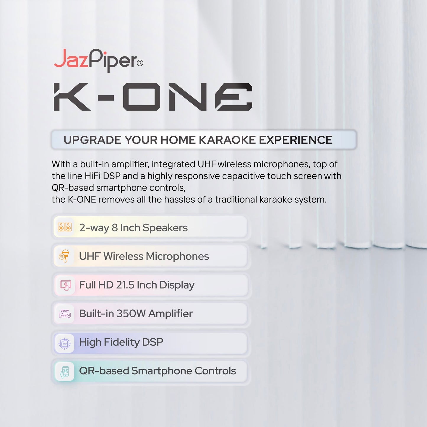 JazPiper K-ONE Karaoke System 21.5” Touch Screen | 350W Amp | 2 Wireless Mics | HDMI Full HD