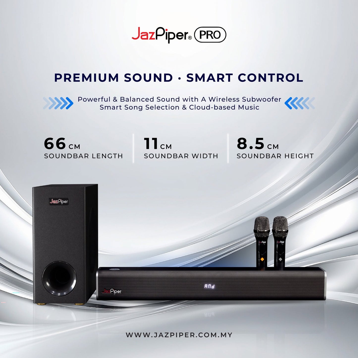 JazPiper PRO Karaoke Soundbar System with Wireless Microphone & Subwoofer | Smart DSP Audio