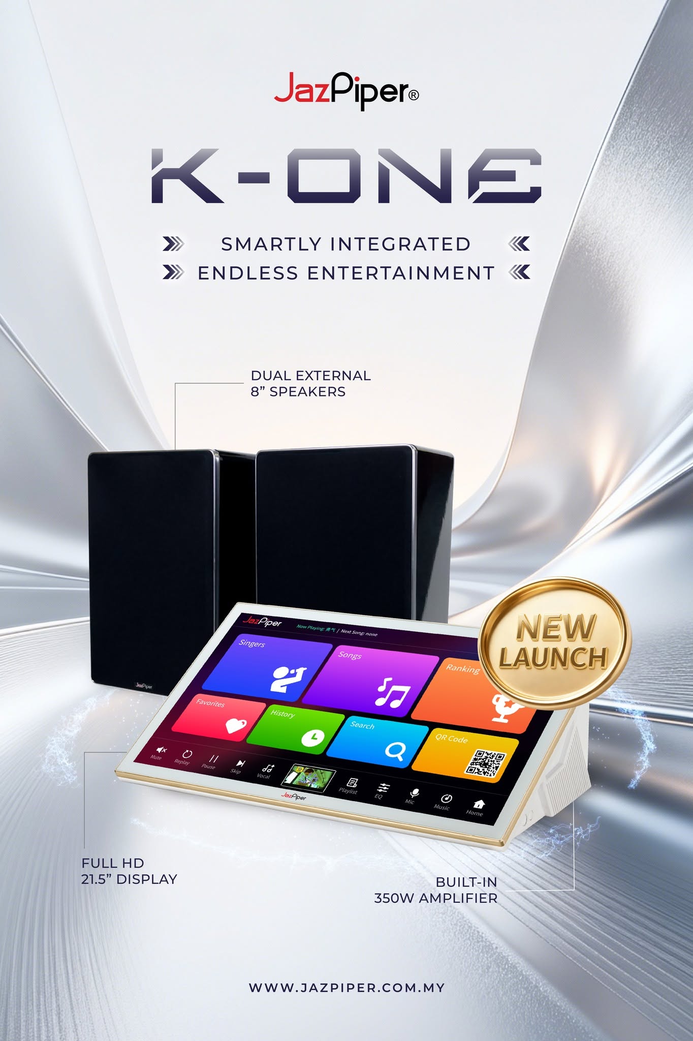 JazPiper K-ONE Karaoke System 21.5” Touch Screen | 350W Amp | 2 Wireless Mics | HDMI Full HD
