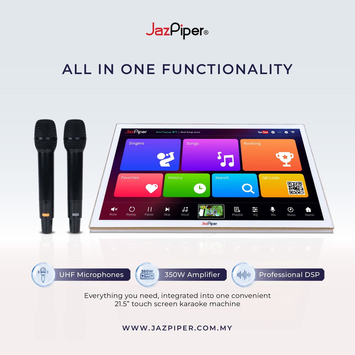 JazPiper K-ONE Karaoke System 21.5” Touch Screen | 350W Amp | 2 Wireless Mics | HDMI Full HD