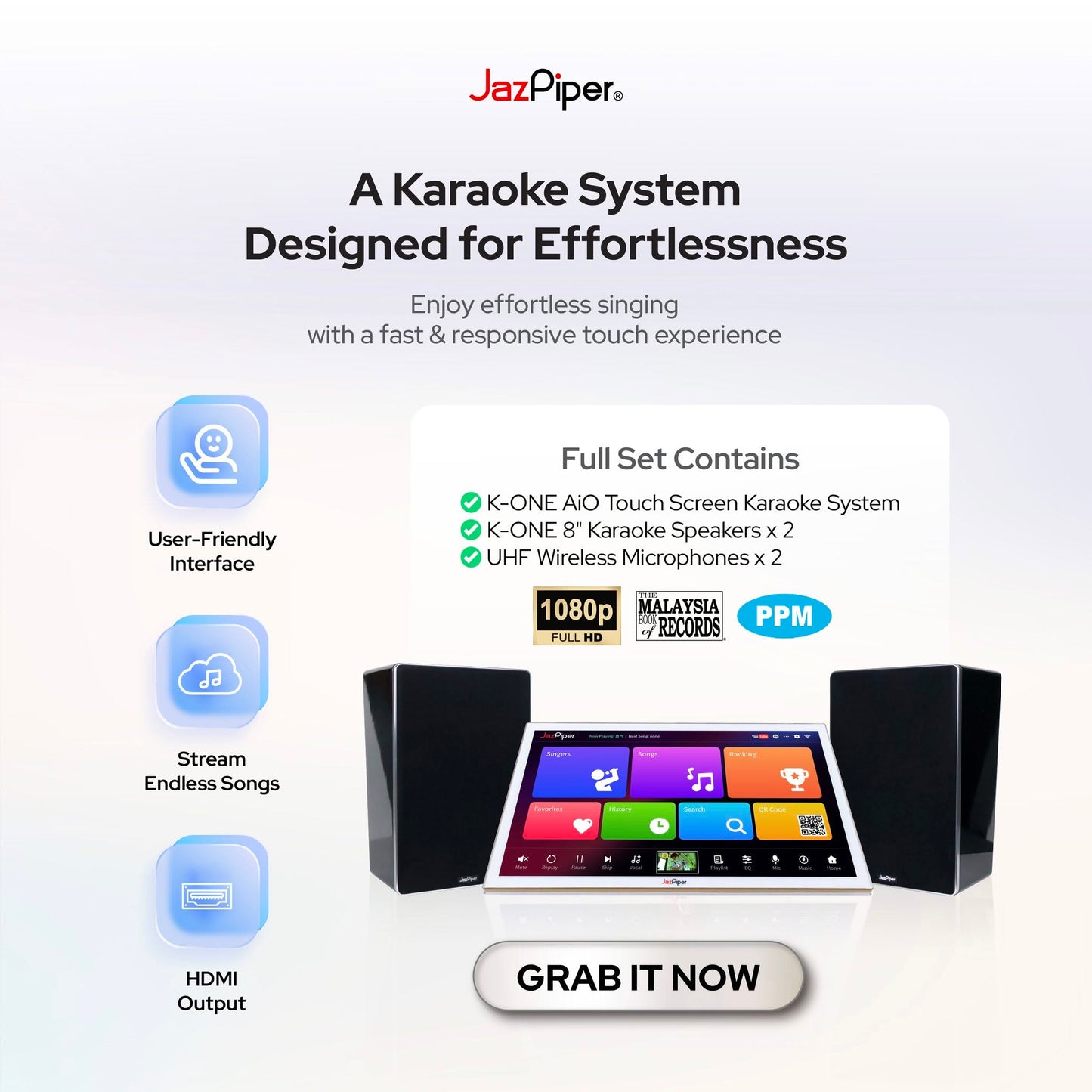 JazPiper K-ONE Karaoke System 21.5” Touch Screen | 350W Amp | 2 Wireless Mics | HDMI Full HD