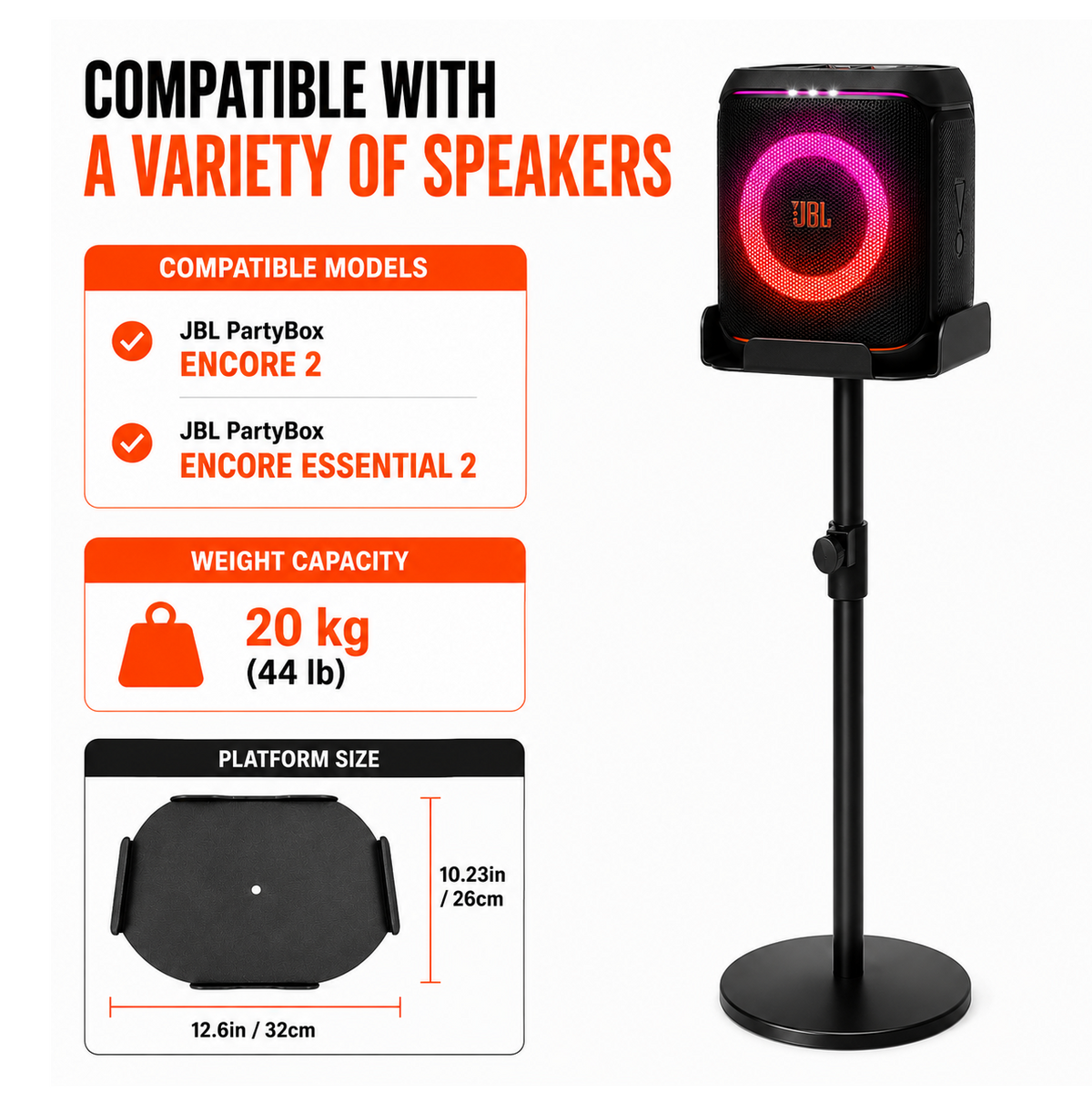 Speaker Stand for JBL PartyBox Encore 2 / Encore Essential 2 | Height Adjustable | Floor Stand | Home Karaoke