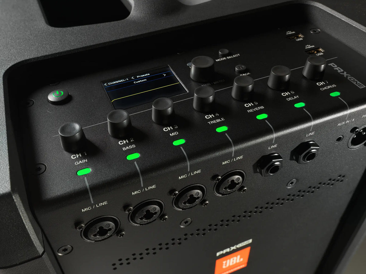 JBL PRX ONE all-in-one powered column PA with 7-channel digital mixer, a full suite of professional DSP