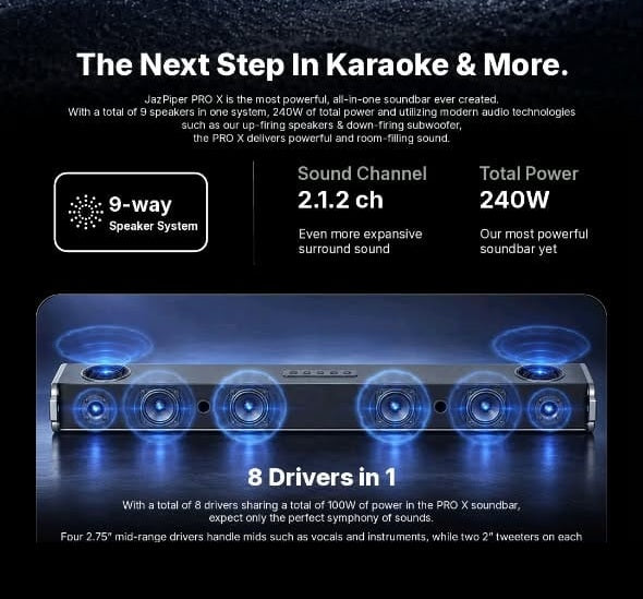 JazPiper PRO X 2.1.2 Channel Family Karaoke Soundbar with subwoofer and 2 mics