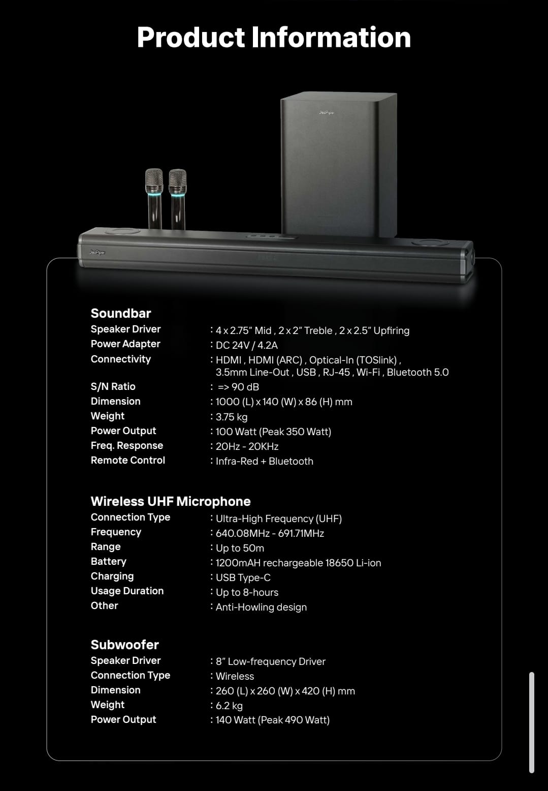 JazPiper PRO X 2.1.2 Channel Family Karaoke Soundbar with subwoofer and 2 mics